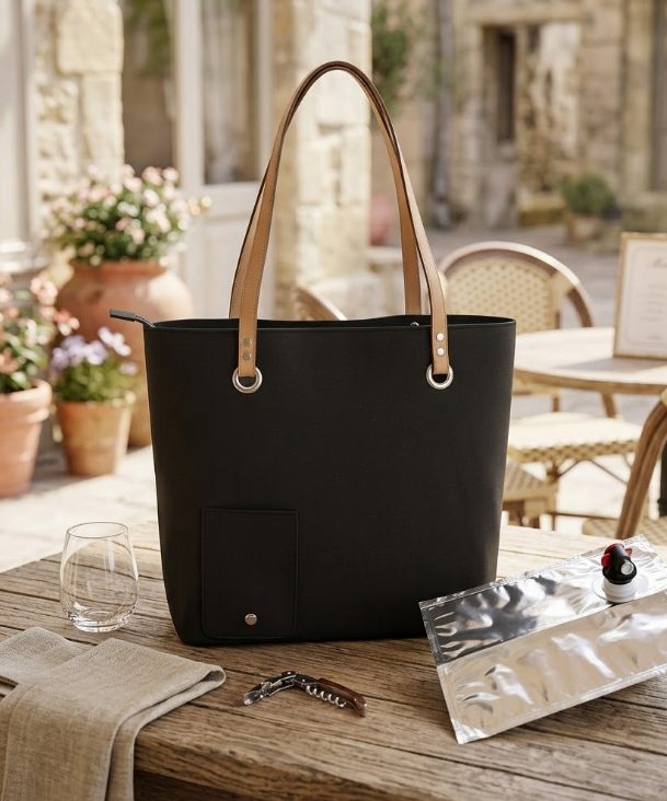 Le Complice — sac à main femme noir à anses cognac avec poche à vin isotherme et robinet dissimulé, posé sur une table en terrasse